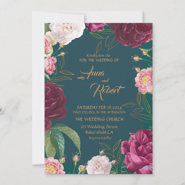 Emerald Green und Gold Floral Wedding Einladung (Vorderseite)