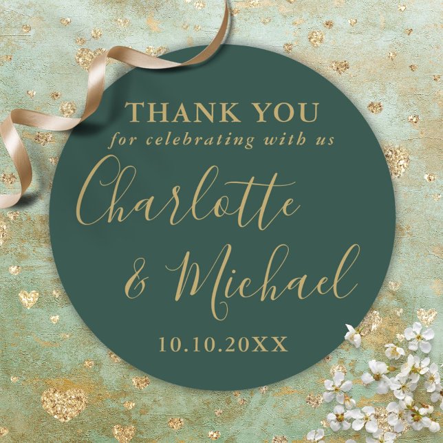 Emerald Green und Gold Gastgeschenk Hochzeit Viele Runder Aufkleber (Emerald Green And Gold Wedding Favor Thank You Classic Round Sticker)