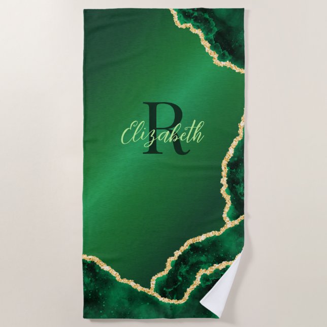 Emerald Green und Gold Geode Elegant Mit Monogramm Strandtuch (Vorderseite)