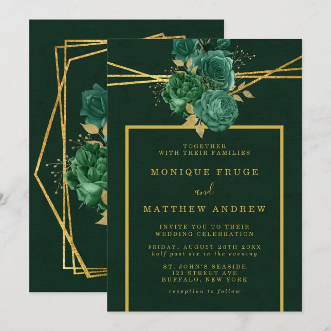 Emerald Green und Gold Geometric Floral Wedding Einladung (Vorne/Hinten)