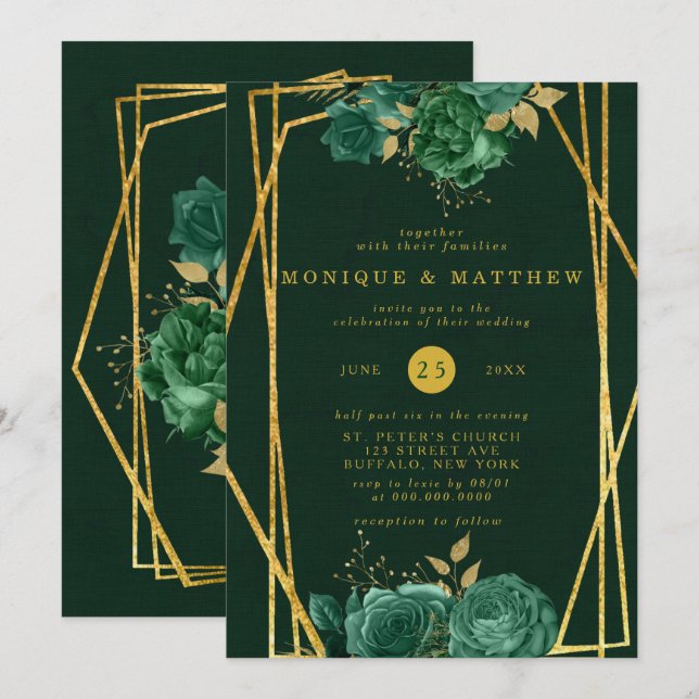 Emerald Green und Gold Geometric Floral Wedding Einladung (Vorne/Hinten)
