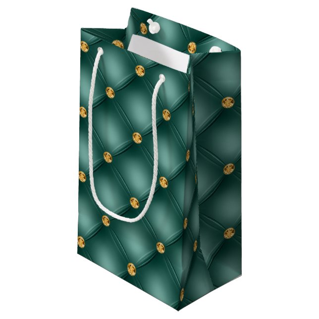 Emerald Green und Gold getufelte kleine Geschenkta Kleine Geschenktüte (Vorderseite Schrägansicht)