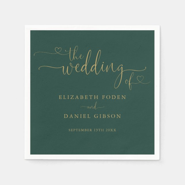 Emerald Green und Gold Heart Script Wedding Serviette (Vorderseite)