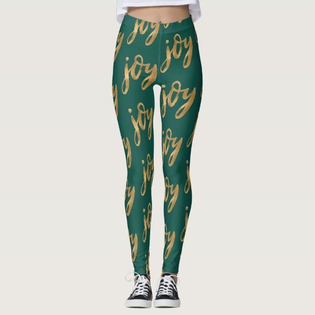 Emerald Green und Gold Joy Script Weihnachten Leggings (Vorderseite)