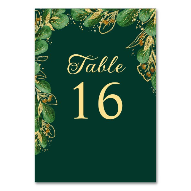 Emerald Green und Gold Leaf Elegante Hochzeit Tischnummer (Vorderseite)