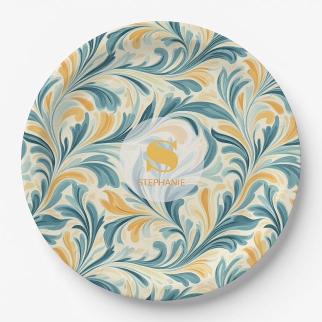 Emerald Green und Gold Paisley Leaf Muster Pappteller (Vorderseite)