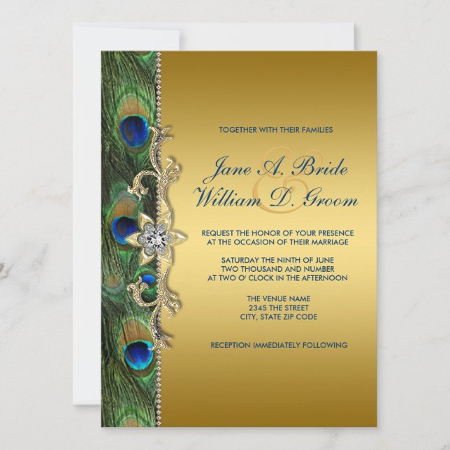 Emerald Green und Gold Peacock Wedding Einladung (Vorderseite)