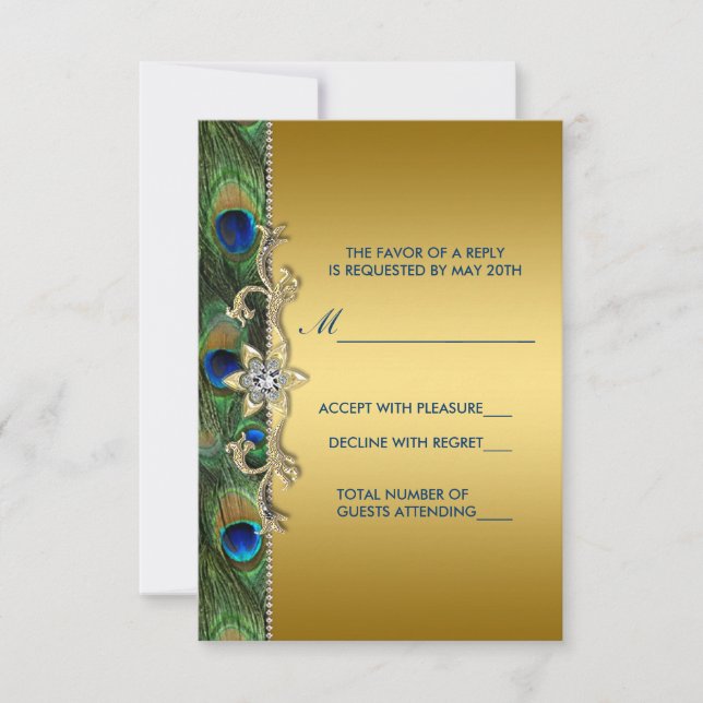 Emerald Green und Gold Peacock Wedding RSVP (Vorderseite)