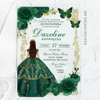 Emerald Green und Gold Princessa Quinceañera Acryleinladungen
