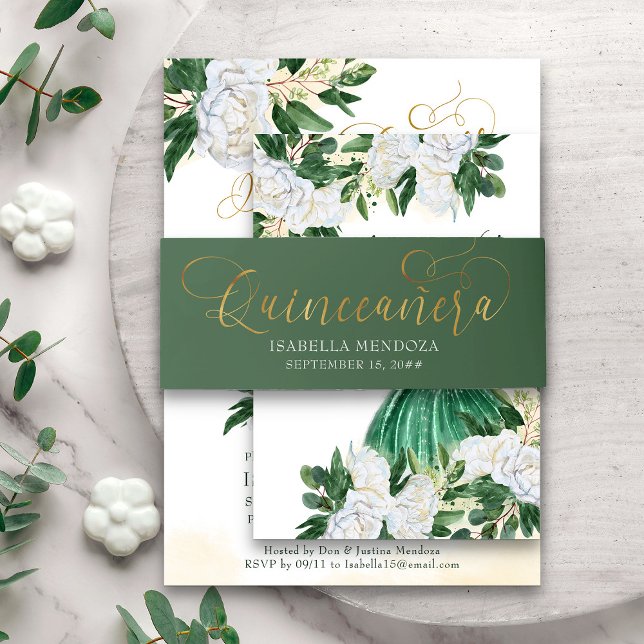 Emerald Green und Gold Quinceanera Einladungsbanderole (Quinceanera belly band from my Emerald Greenery & White Peony collection)