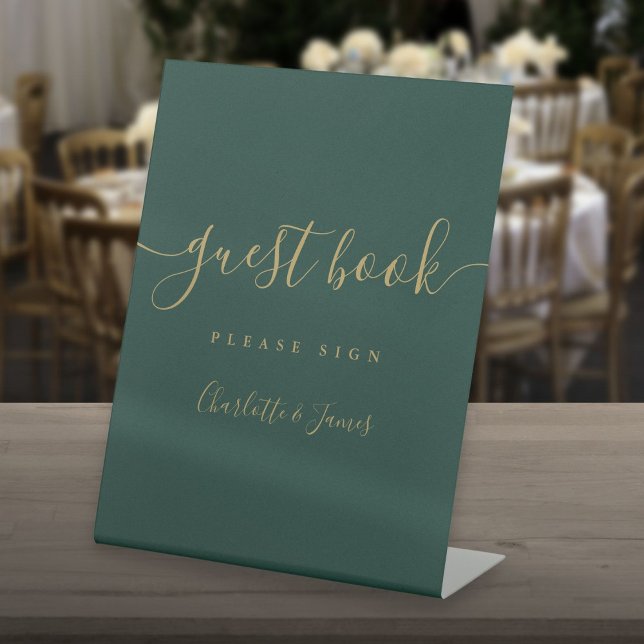 Emerald Green und Gold Script Gästebuch Sockelschild (Emerald Green And Gold Script Guest Book Pedestal Sign)