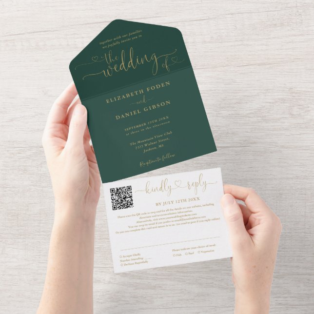 Emerald Green und Gold Script QR Code Hochzeit All In One Einladung (Abreißen)