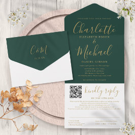 Emerald Green und Gold Script QR Code Hochzeit All In One Einladung