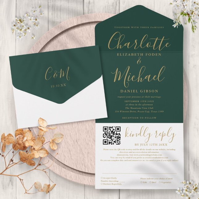 Emerald Green und Gold Script QR Code Hochzeit All In One Einladung (Emerald Green And Gold Script QR Code Wedding All In One Invitation)