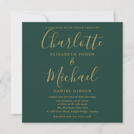 Emerald Green und Gold Script Wedding Foto Einladung