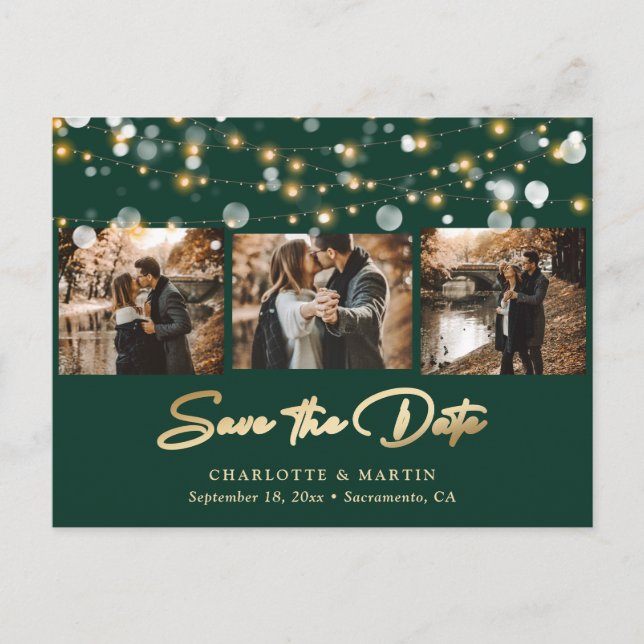 Emerald Green und Gold Wedding Foto Save the Date Ankündigungspostkarte (Vorderseite)