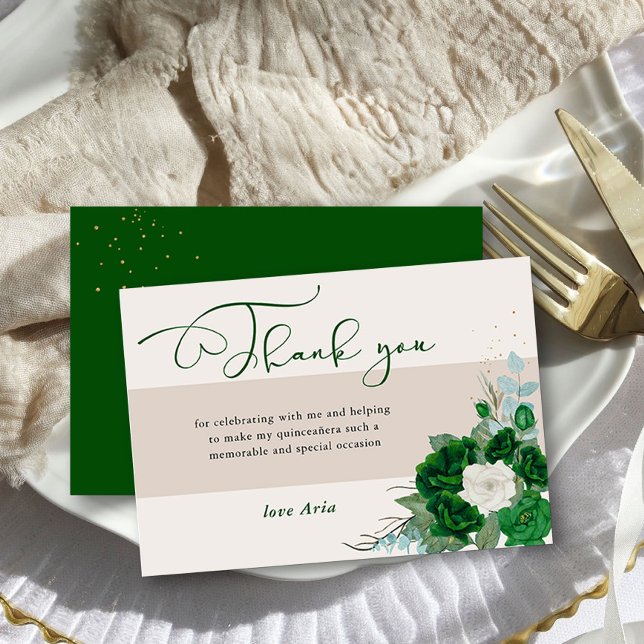Emerald Green und Ivory Rose Elegante Kalligraphie Dankeskarte (Thank you cards from the Royal Rose Emerald Green Quinceanera Collection by Darling & May)