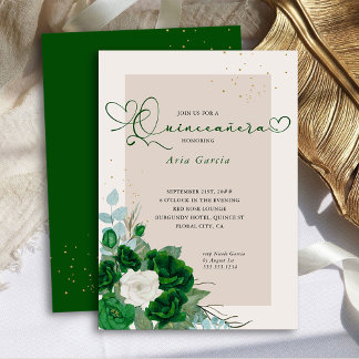 Emerald Green und Ivory Rose Elegante Quinceanera Einladung