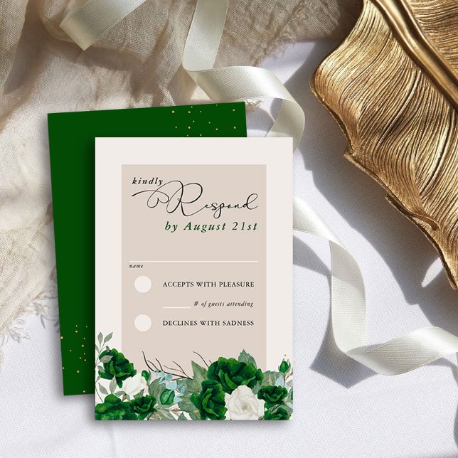 Emerald Green und Ivory Rose Elegantes Flora RSVP Karte (RSVP Cards from the Royal Rose Emerald Green Quinceanera Collection by Darling & May)