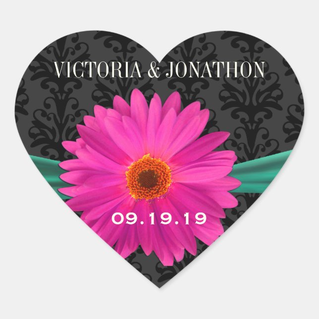 Emerald Green und Pink Gerber Daisy Wedding Herz-Aufkleber (Vorderseite)
