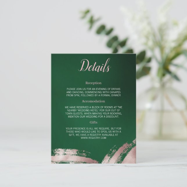 Emerald Green und Rose Gold Wedding Details Card Begleitkarte (Stehend Vorderseite)