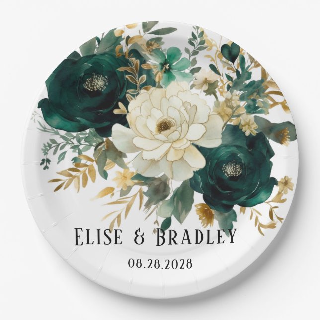 Emerald Green und White Gold Peonies Wedding Pappteller (Vorderseite)