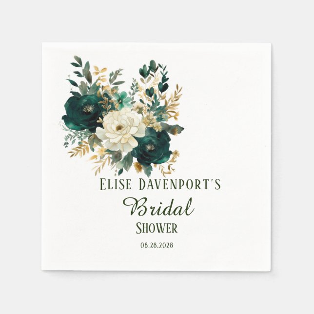 Emerald Green und White Gold Peonies Wedding Serviette (Vorderseite)