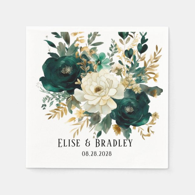 Emerald Green und White Gold Peonies Wedding Serviette (Vorderseite)