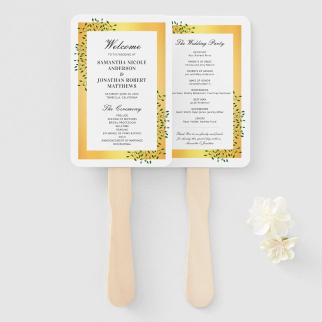 Emerald Green Vines Gold Elegantes Hochzeitsprogra Fächer (Vorne und Hinten)