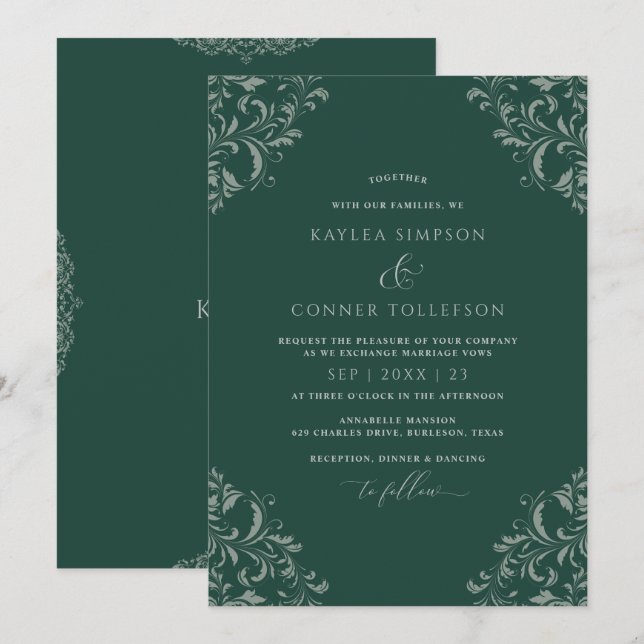Emerald Green Vintag Elegante Wedding Einladung (Vorne/Hinten)