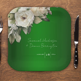 Emerald Green Vintag White Roses Wedding Pappteller