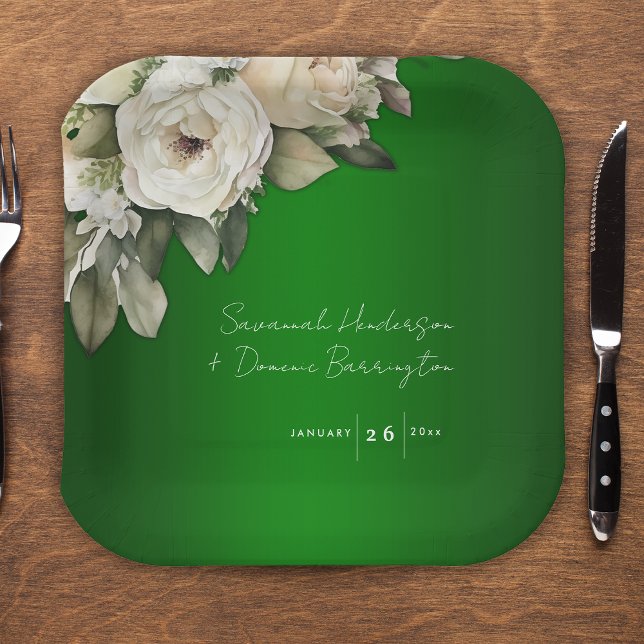 Emerald Green Vintag White Roses Wedding Pappteller (Von Creator hochgeladen)