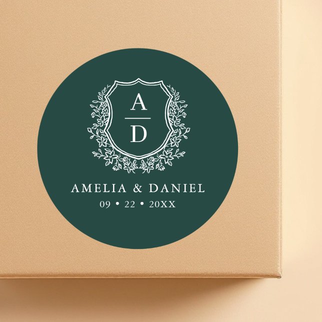 Emerald Green Wappen Moderne Monogram Wedding Runder Aufkleber (Von Creator hochgeladen)