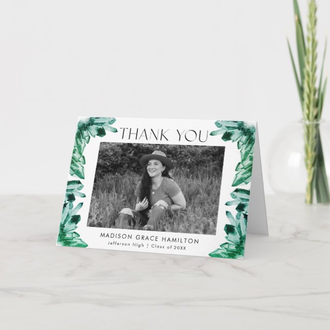 Emerald Green Watercolor Crystals Photo Graduation Dankeskarte (Vorderseite)