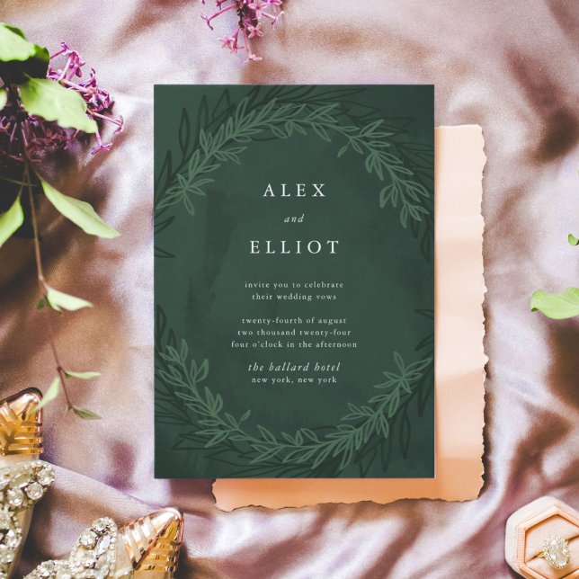 Emerald Green Watercolor Dramatische Laurels Weddi Einladung (Dramatic green watercolor botanical wreath wedding invitation.)