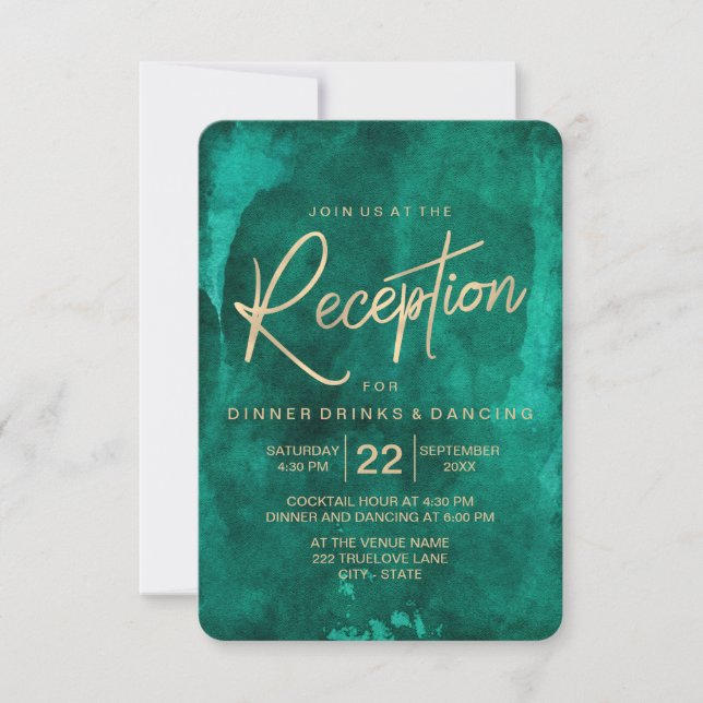 Emerald Green Watercolor & Gold Hochzeitsempfang Einladung (Vorderseite)