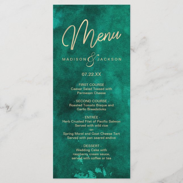 Emerald Green Watercolor Gold Mariage Dinner Menu (Devant)