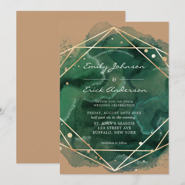 Emerald Green Watercolor Gold Tan Wedding Einladung (Vorne/Hinten)
