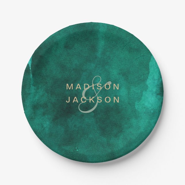 Emerald Green Watercolor & Gold Wedding Monogram Pappteller (Vorderseite)