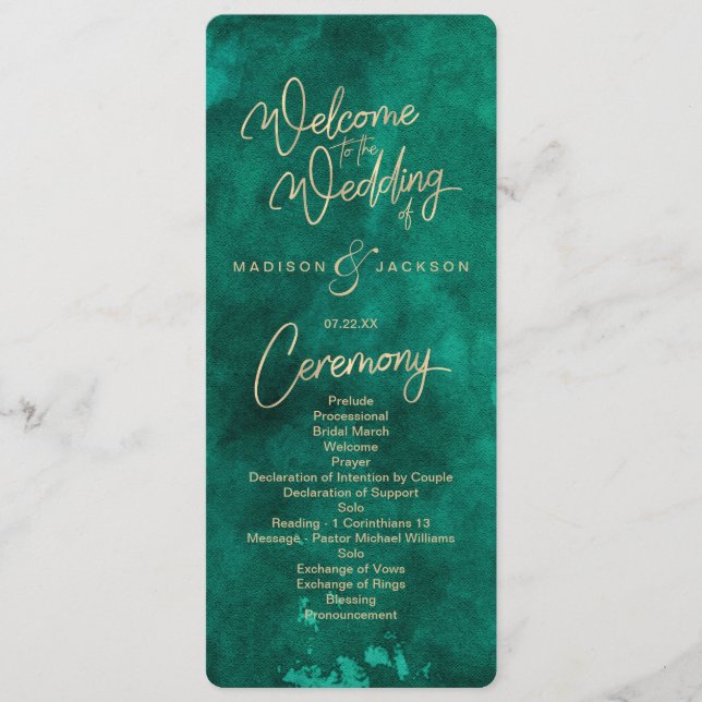 Emerald Green Watercolor & Gold Wedding Program Programm (Vorderseite)