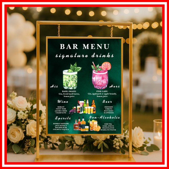  Emerald Green Wedding Bar Menu  Poster (Von Creator hochgeladen)