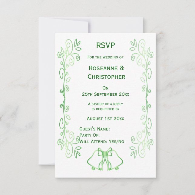 Emerald Green Wedding RSVP Card Bells Scrollwork (Vorderseite)