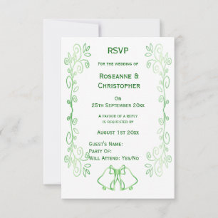 Emerald Green Wedding RSVP Card Bells Scrollwork Karte