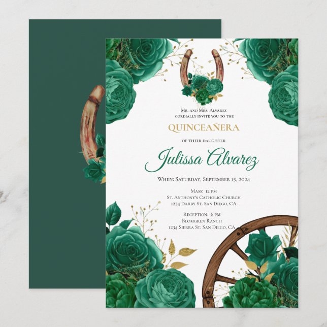 Emerald Green Western Quinceanera Einladung (Vorne/Hinten)