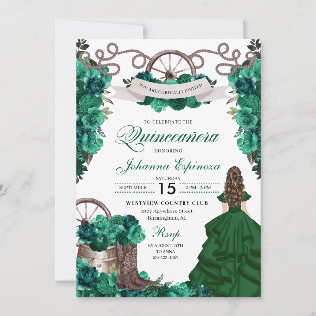 Emerald Green Western Ranchero Quinceanera Einladung (Vorderseite)