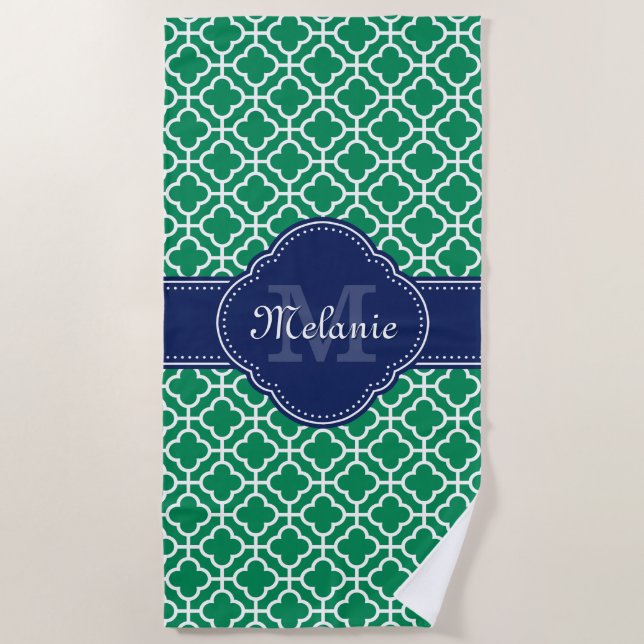 Emerald Green Whart marokkanisches Pattern Navy Mo Strandtuch (Vorderseite)