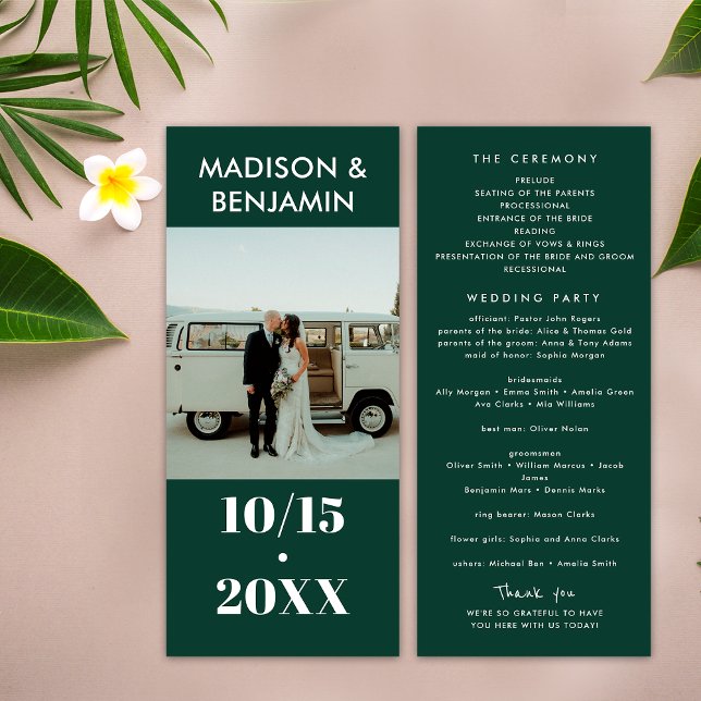 Emerald Green White Foto Bold Minimalistisch Weddi Programm (Front / Back)