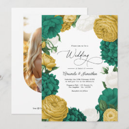 Emerald Green, White & Gold Floral Wedding Einladung