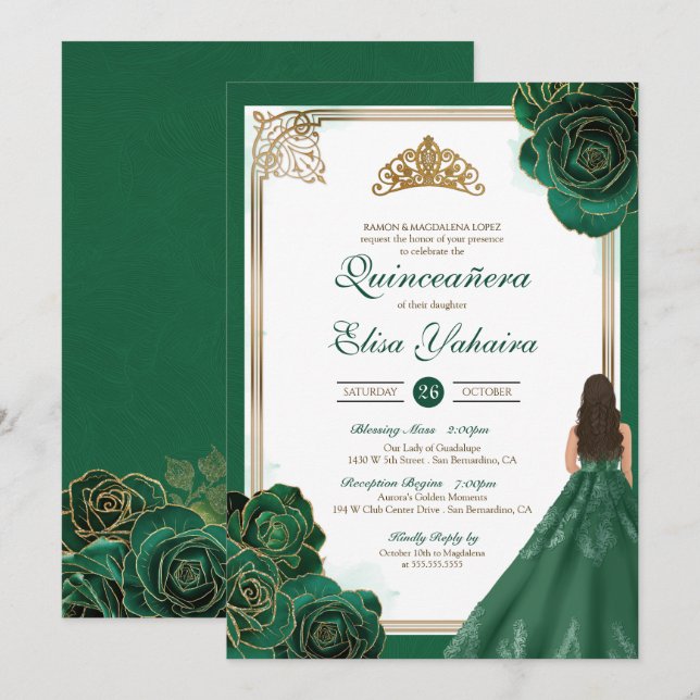 Emerald Green White Gold Rose Royal Quinceanera Einladung (Vorne/Hinten)