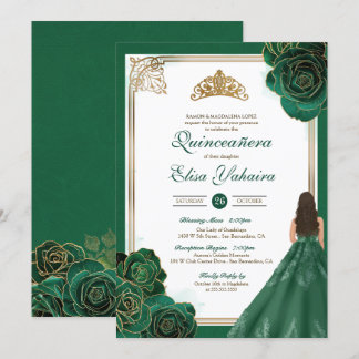 Emerald Green White Gold Rose Royal Quinceanera Einladung